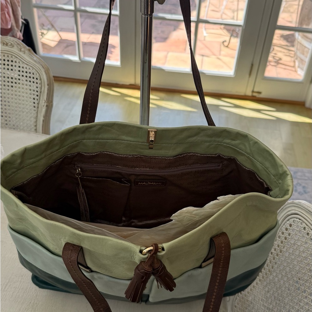 Maliparmi Green Colorblock Leather Tote with Brown Straps - Picture 2 of 3